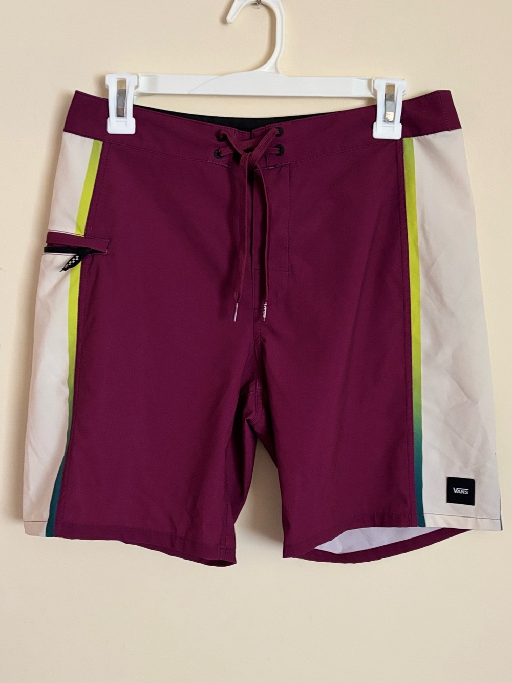 Vans Men’s Maroon Board Shorts with Cream Panels and Lime Accent